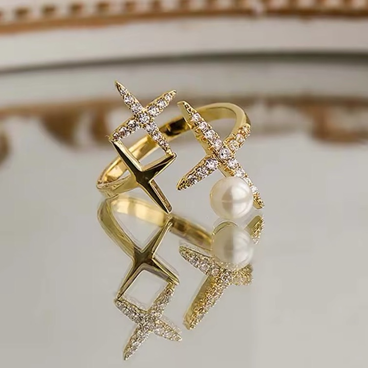 New 14k Gold Plated Cz Star Pearl Adjustable Open Rings